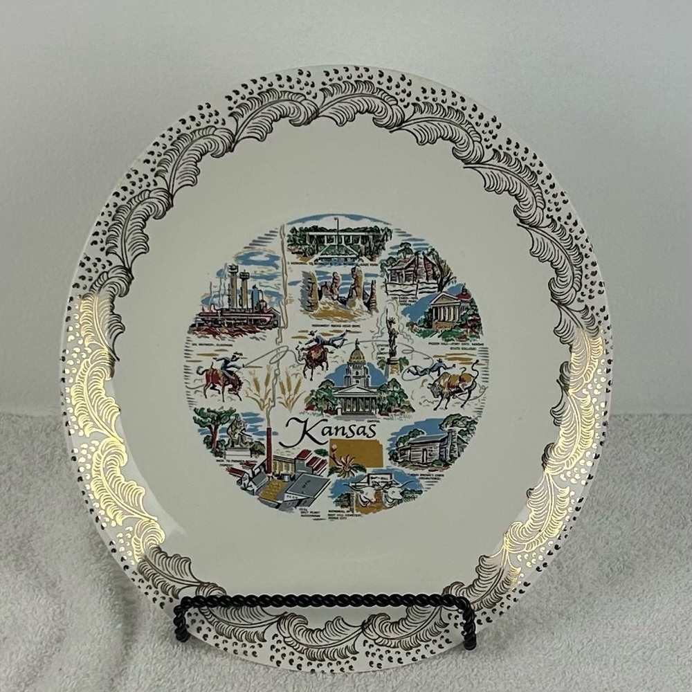 VTG - Eastern China NY Oblong Plate Made in USA 22Kt Gold trim Oval 'Kansas'